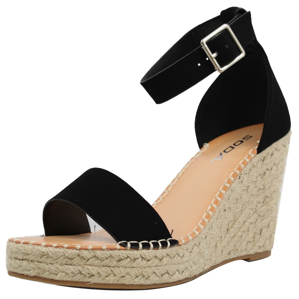 Black Open Toe Ankle Strap Espadrille Wedge